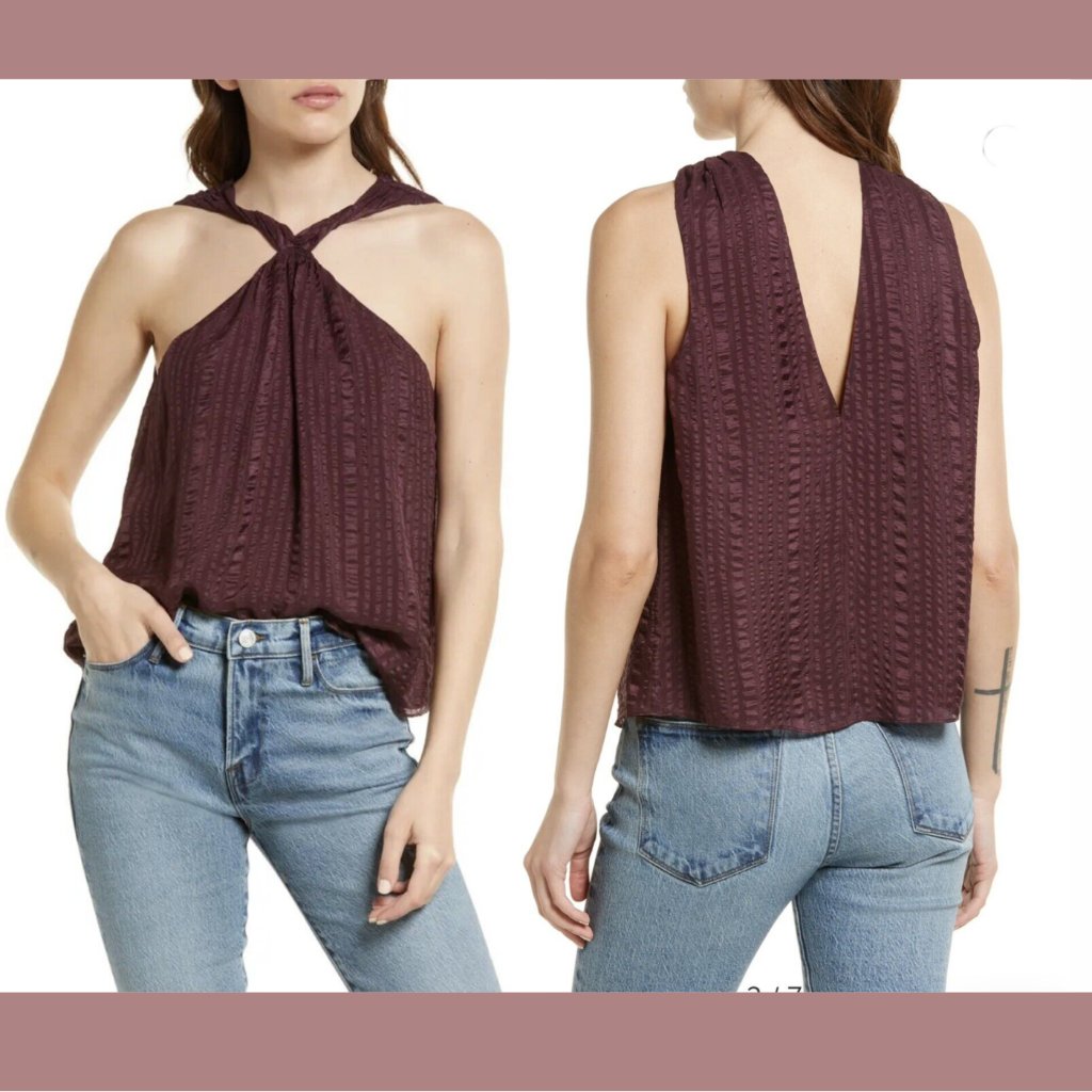 New $378 Frame [ Small ] Draped Textured Silk Halter Top In Cabernet Red